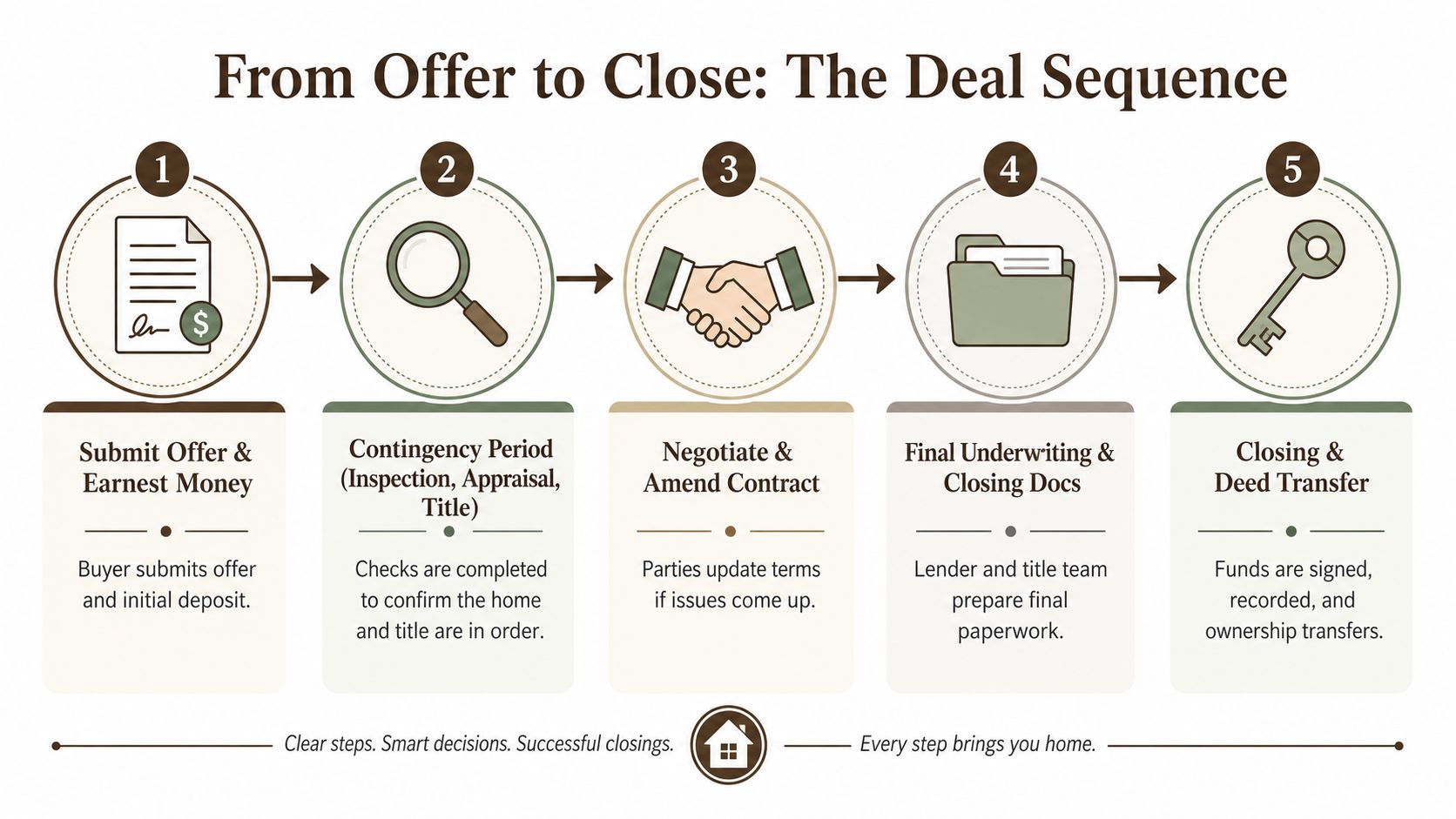 A diagram illustrating the five-step process of a real estate deal from offer to closing.
