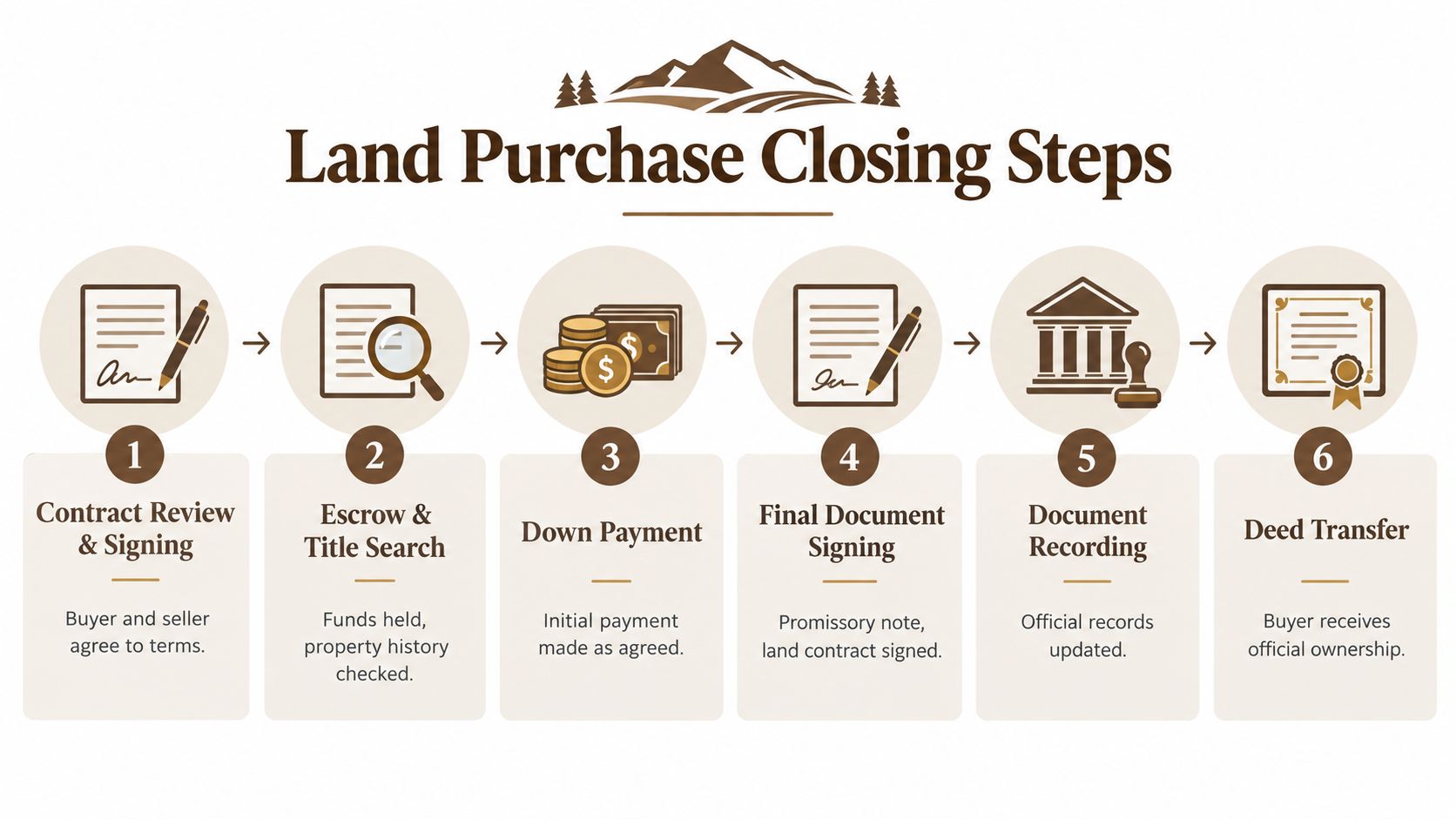 An infographic showing the six sequential steps of the land purchase closing process, from contract signing to deed transfer.