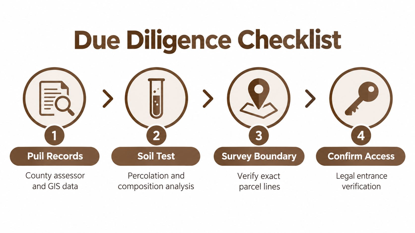 A four-step due diligence checklist infographic for evaluating land, covering records, soil, boundaries, and access.