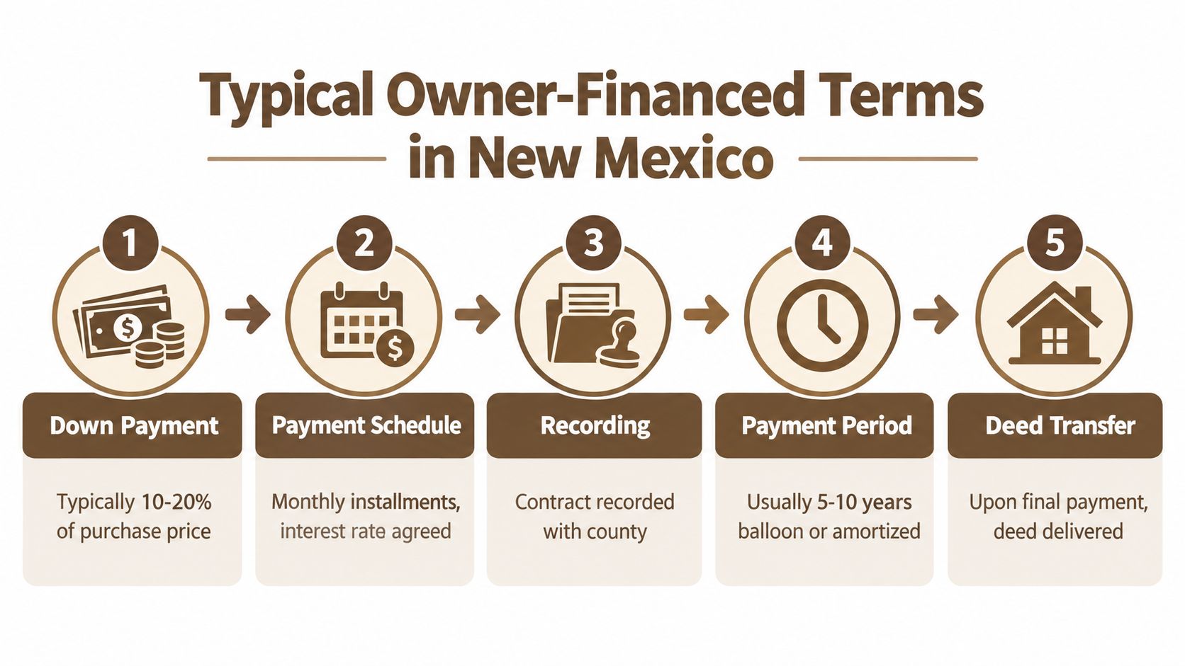 A five-step infographic illustrating the typical owner-financing process for property transactions in New Mexico.