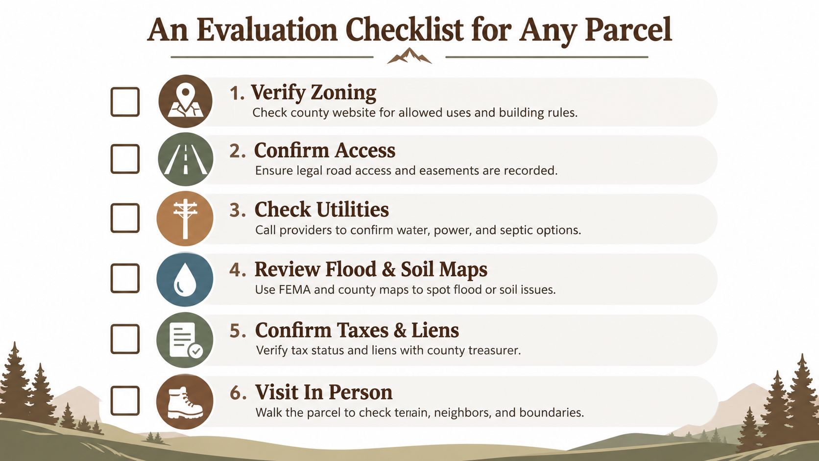 A six-point checklist for evaluating land parcels, including zoning, access, utilities, soil, taxes, and site visits.