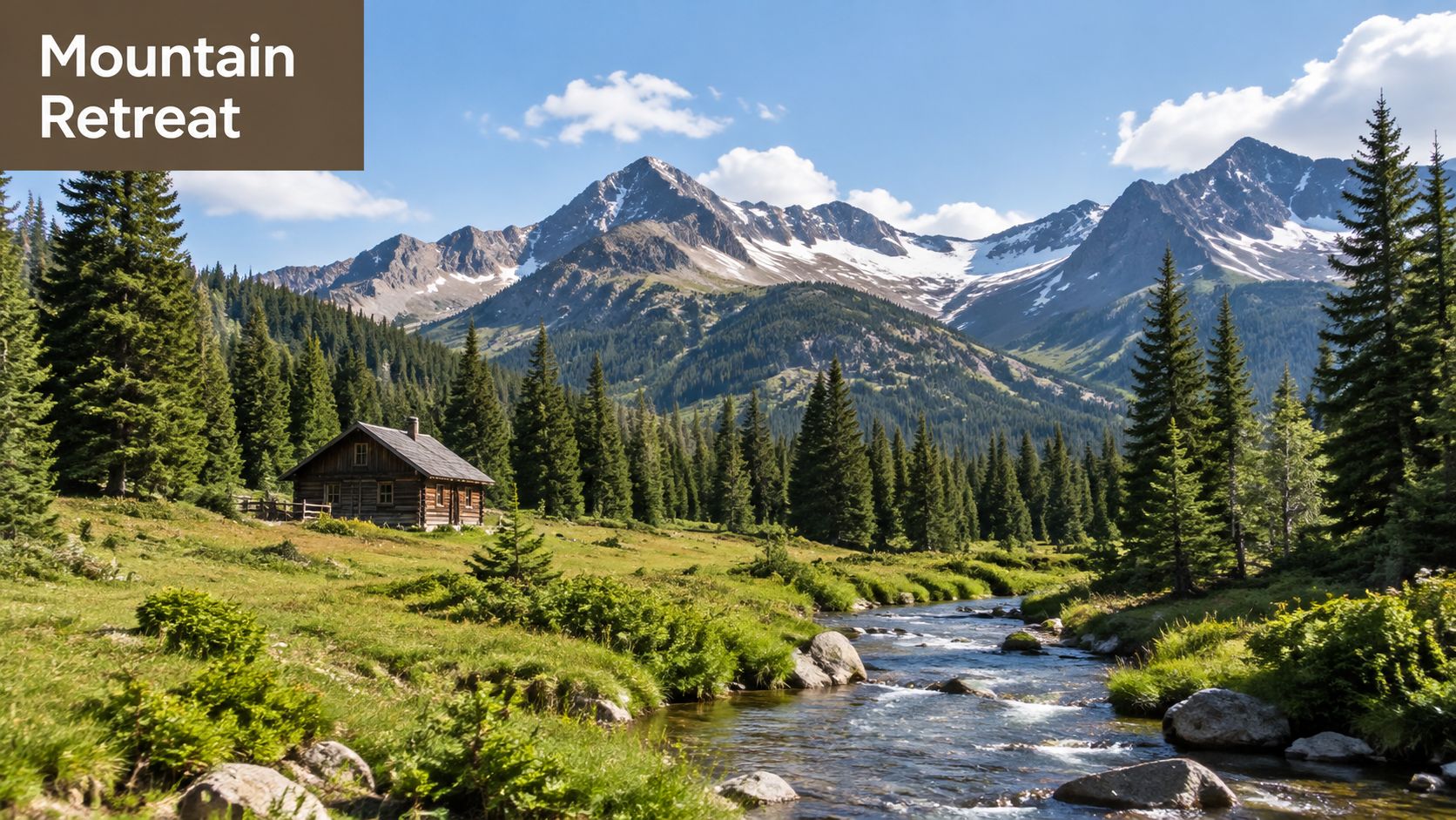 A rustic log cabin sits in a lush green mountain meadow beside a clear flowing stream.