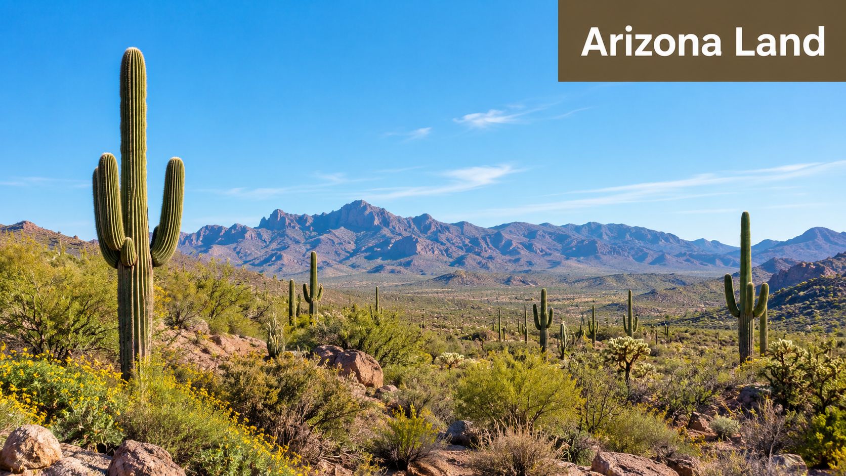Scenic desert landscape in Arizona featuring tall saguaro cacti, rocky terrain, and rugged mountains under a blue sky.
