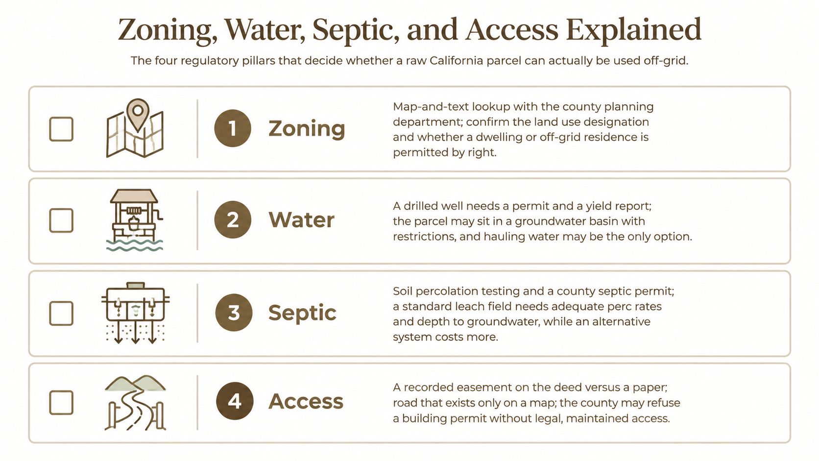 An infographic detailing the four key regulatory requirements for developing raw off-grid land in California.