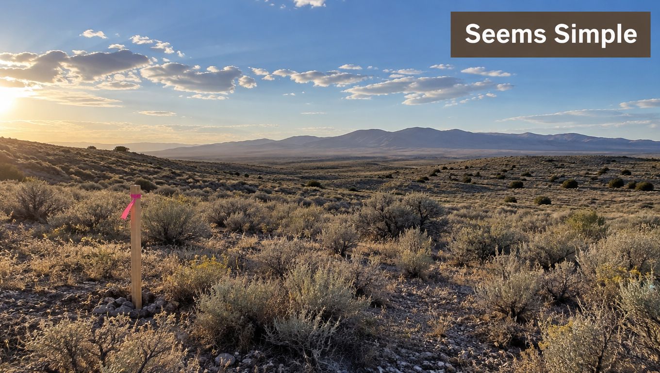 A wooden survey stake with pink tape stands in a vast, empty desert landscape at sunset.