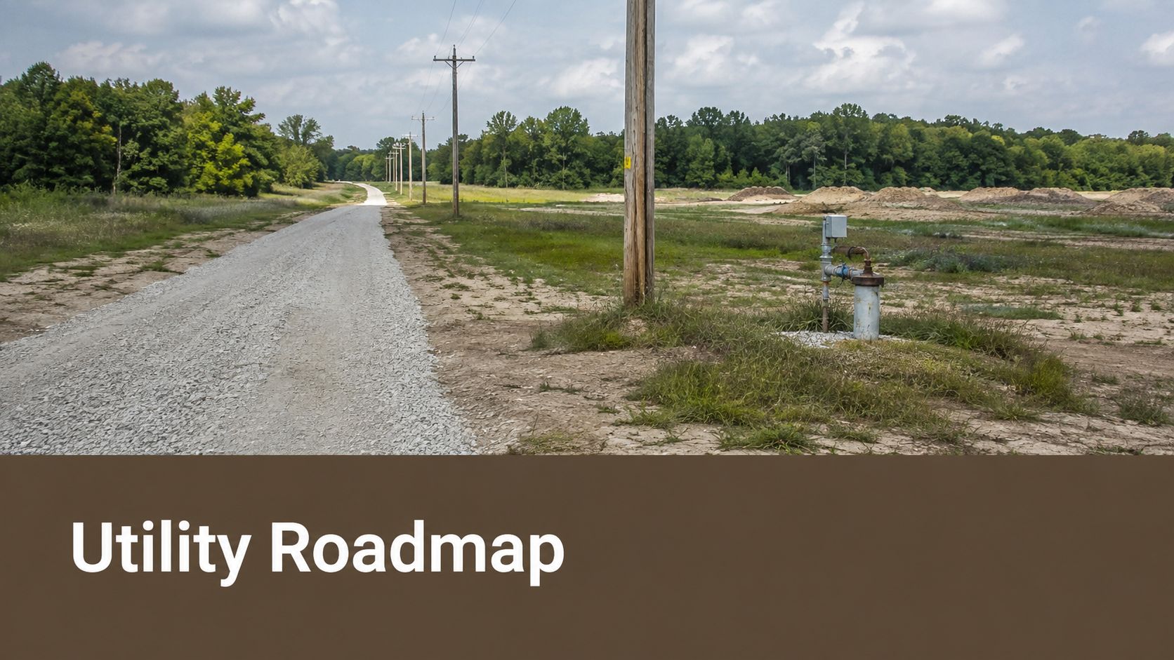 A gravel road leads through a rural landscape with utility poles and a water well head.