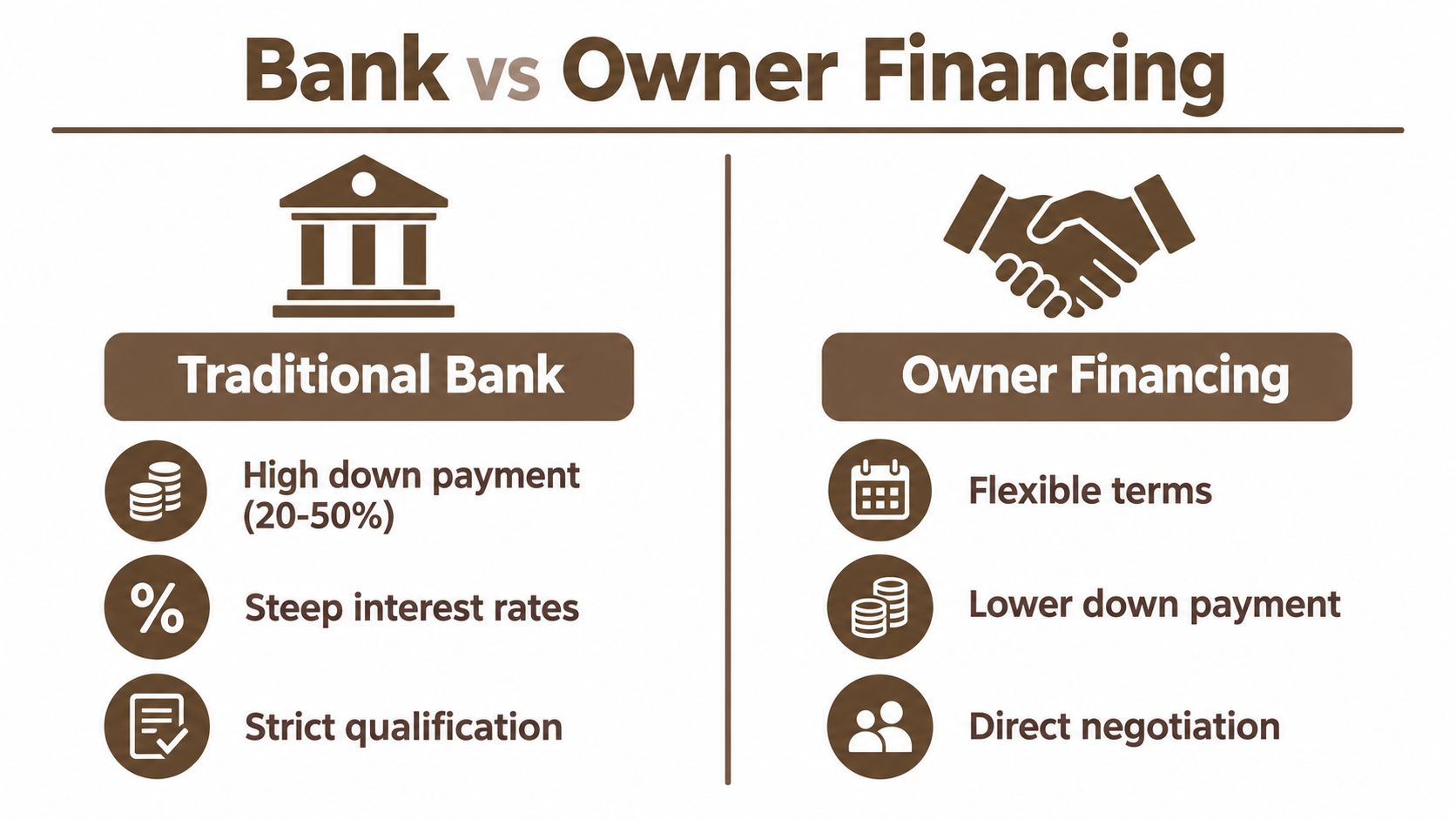 A comparison chart showing the differences between traditional bank financing and owner financing for property purchases.