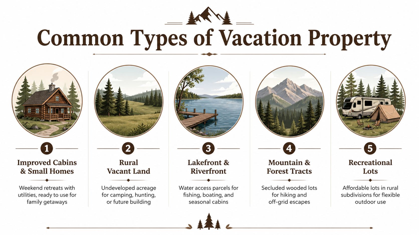 An infographic illustrating five common types of vacation property including cabins, vacant land, and recreational lots.