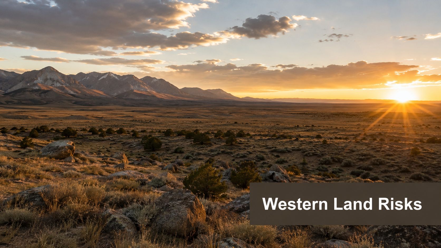 A scenic view of a vast western landscape with mountains at sunset and a text overlay.
