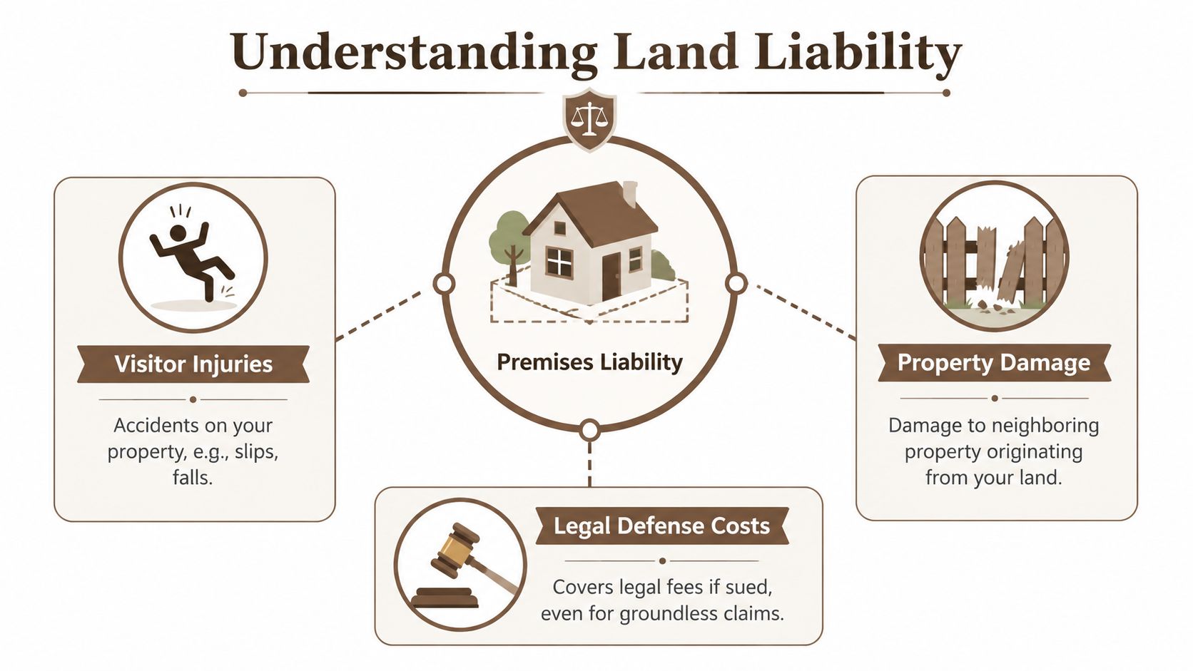 An infographic titled Understanding Land Liability, detailing visitor injuries, premises liability, property damage, and legal defense costs.