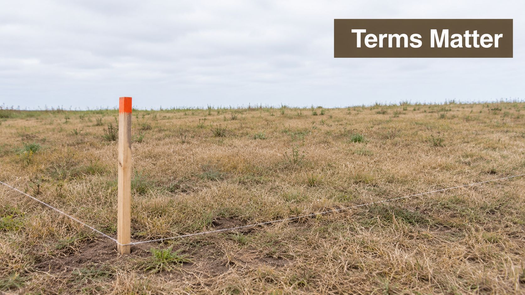 A wooden survey stake with an orange top marking a plot of land with string lines.