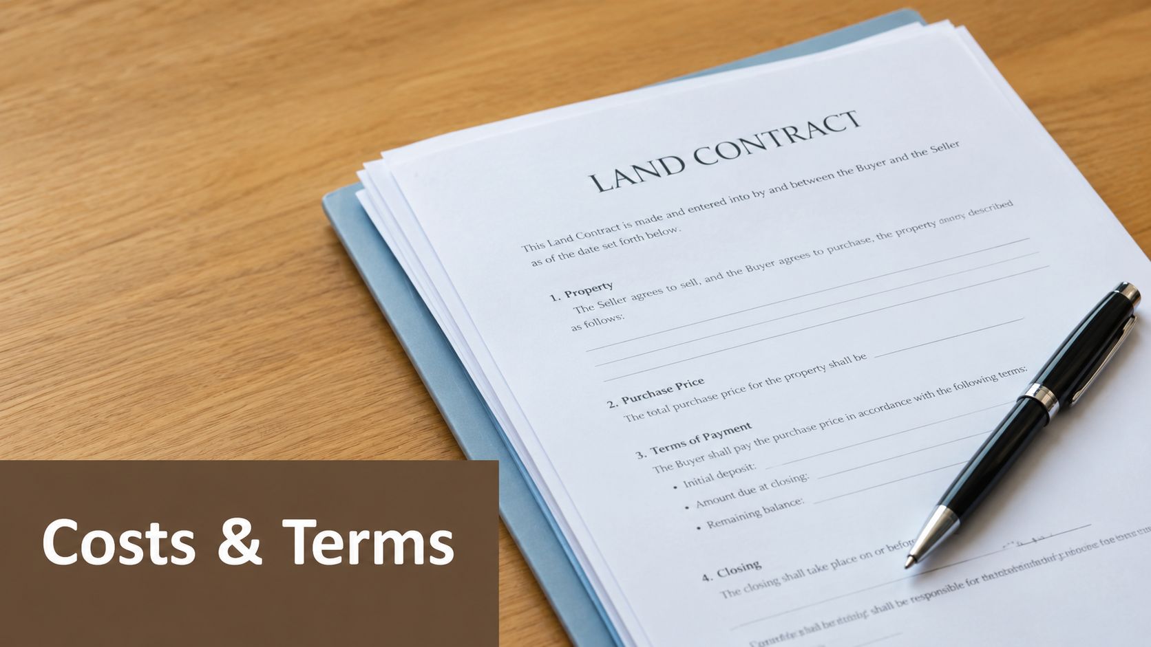 A close-up view of a land contract document on a wooden desk with a black pen.