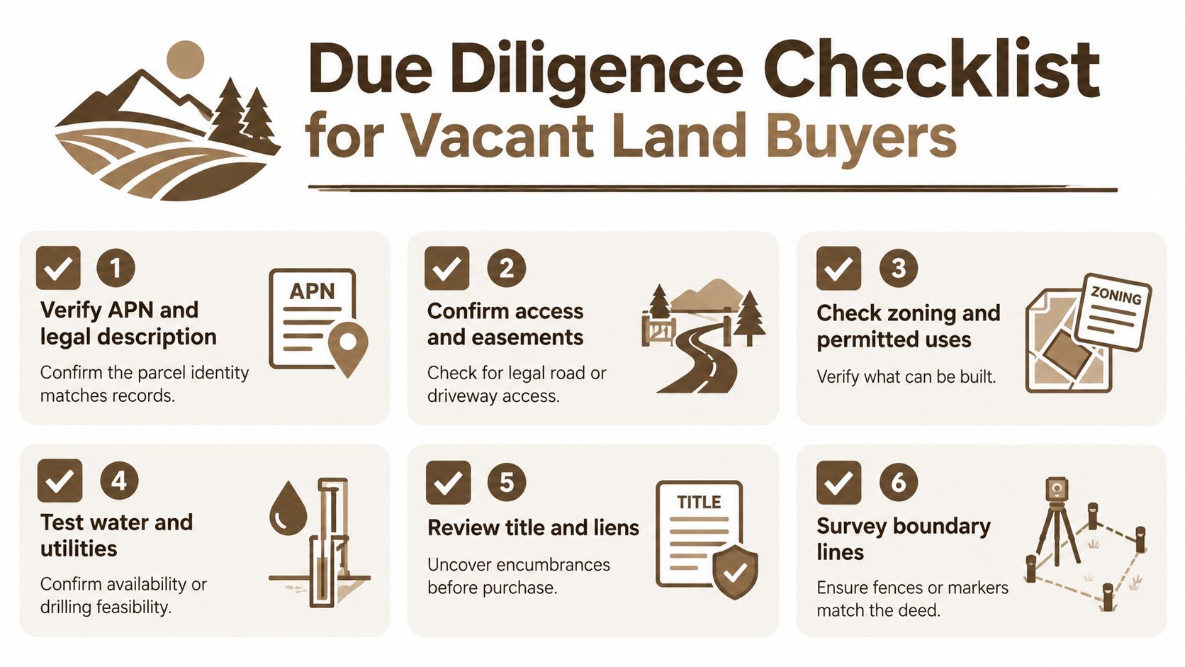 A visual checklist for vacant land buyers outlining six essential steps to perform before purchasing property.