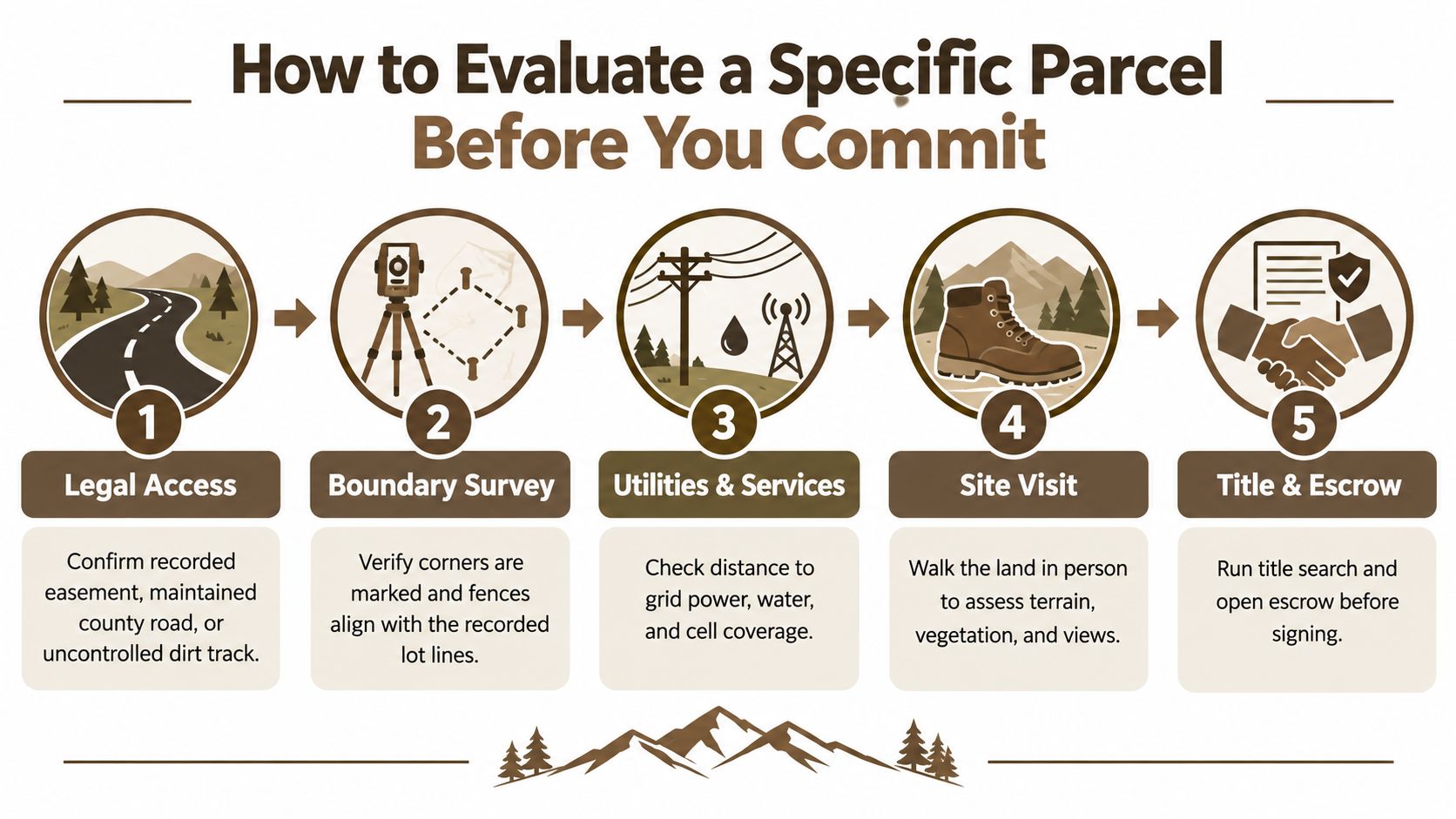 An infographic showing five essential steps to evaluate land parcels, including legal access, surveys, utilities, and inspections.