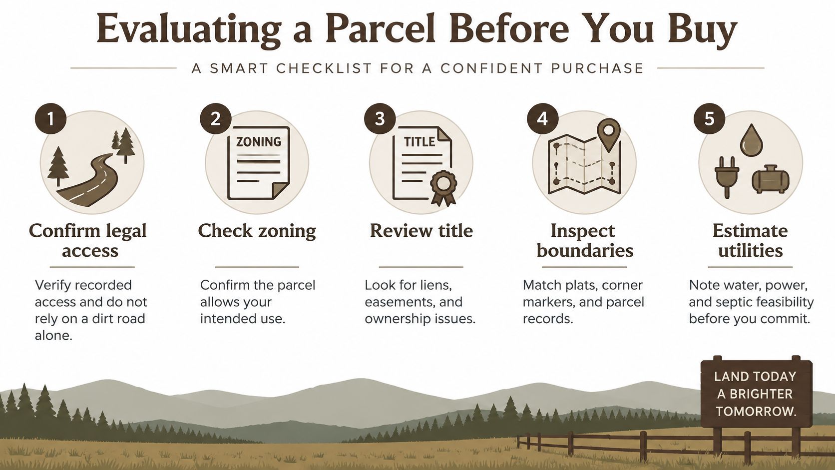 A five-step checklist infographic for evaluating vacant land parcels before completing a real estate purchase.