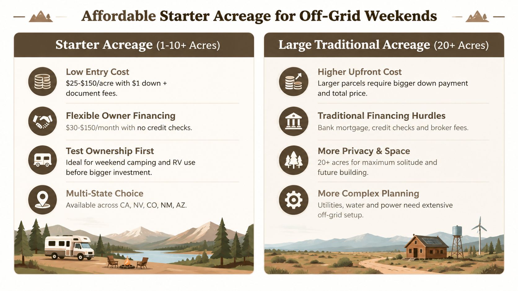 A comparison infographic between starter acreage for off-grid camping and larger traditional acreage for future development.