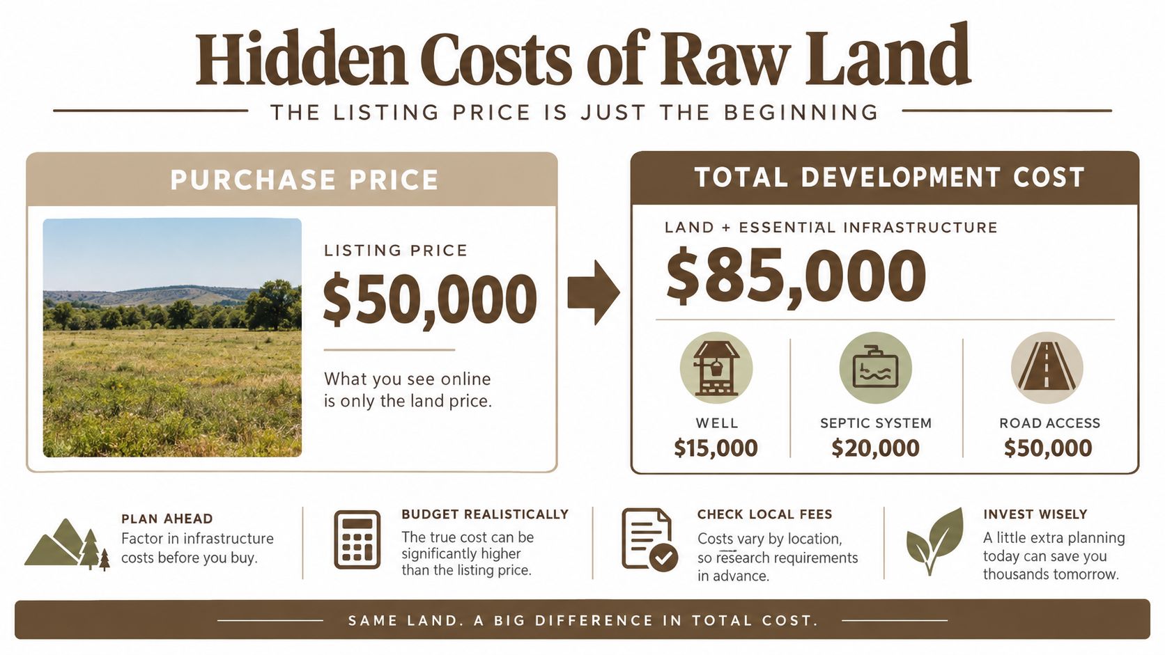 An infographic showing that raw land prices exclude development costs like wells, septic systems, and road access.