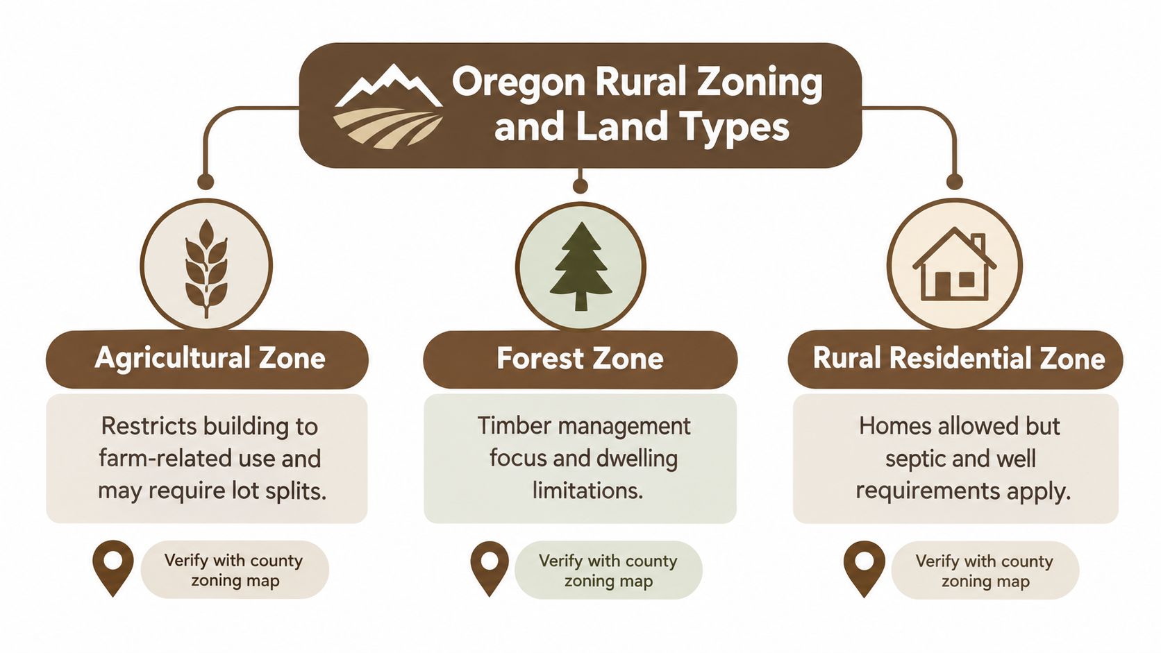 A diagram illustrating Oregon rural zoning categories, including Agricultural, Forest, and Rural Residential land types.