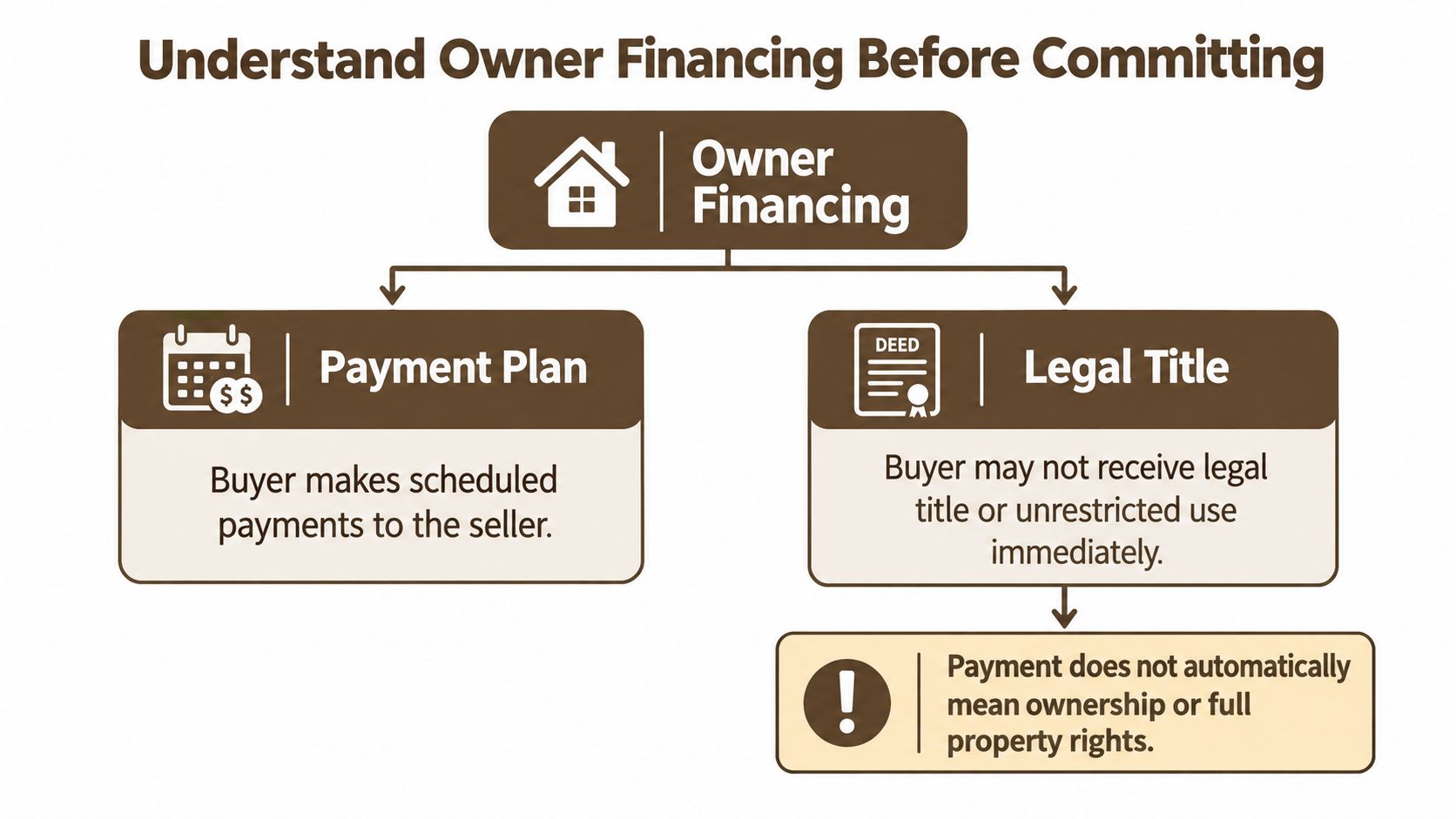 A flowchart explaining owner financing, highlighting payment plans and legal title considerations for home buyers.