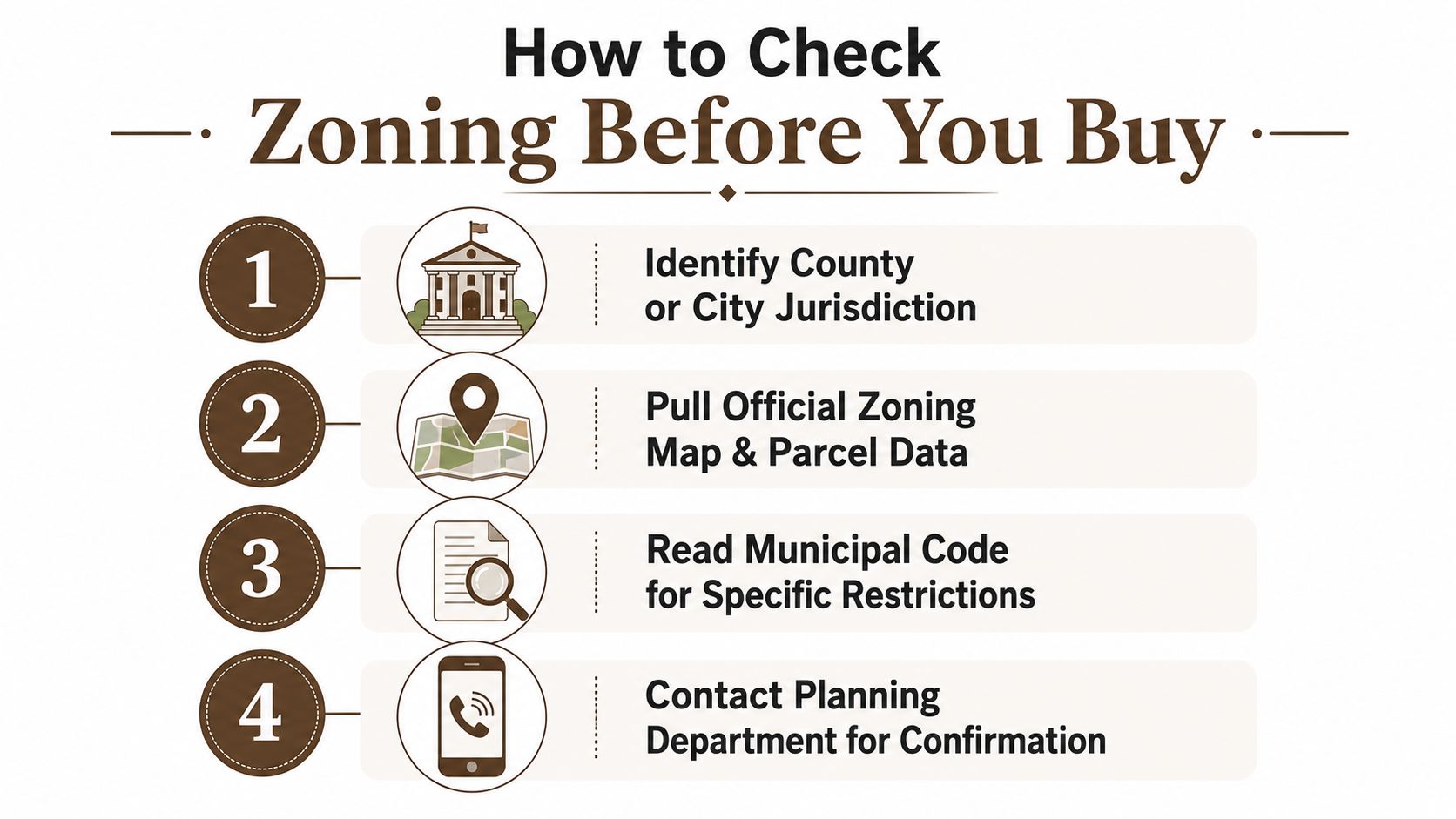 A four-step infographic illustrating how to check zoning regulations before purchasing a piece of property.