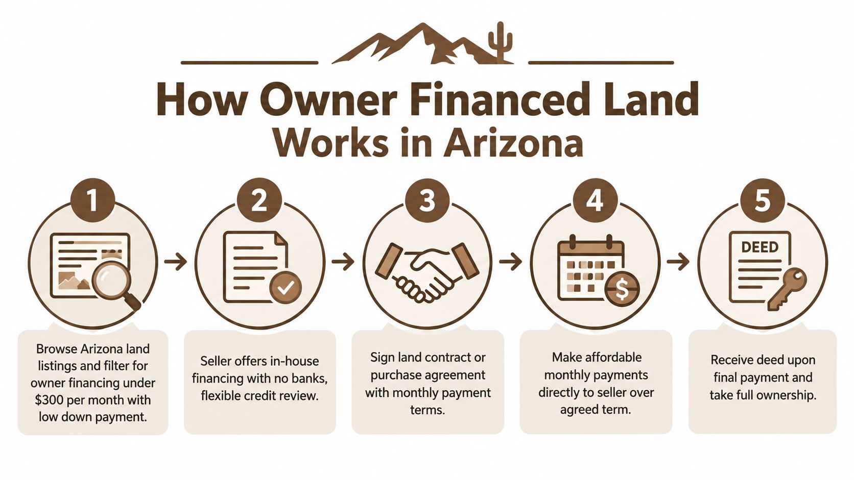 A five-step infographic explaining the owner-financed land buying process in Arizona with simple icons.