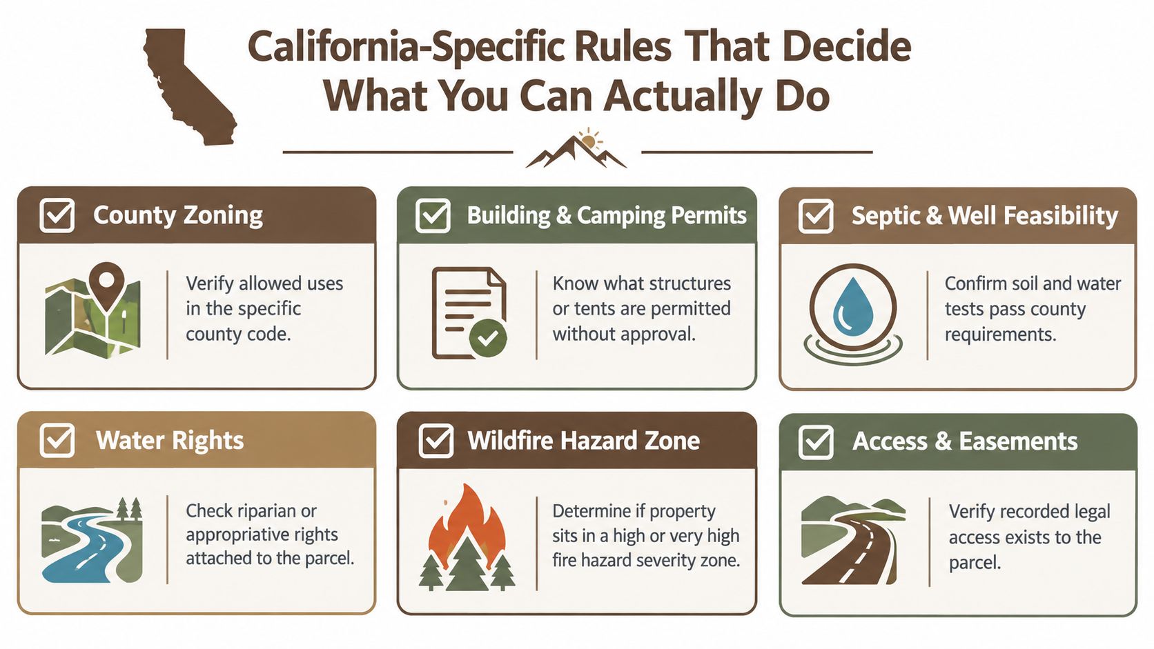 A guide listing six essential regulatory factors to consider before purchasing land in California for development.