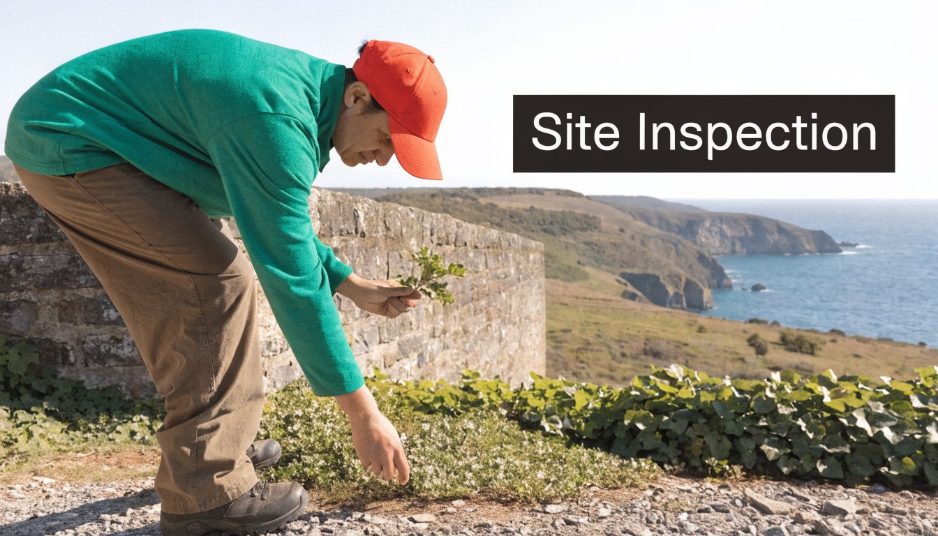 A person wearing a red cap and green shirt inspects plants on a coastal cliffside site.