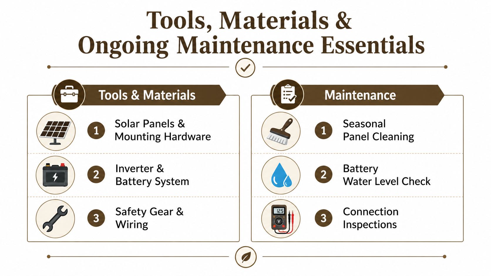 A diagram outlining the essential tools, materials, and ongoing maintenance tasks for a solar power installation.