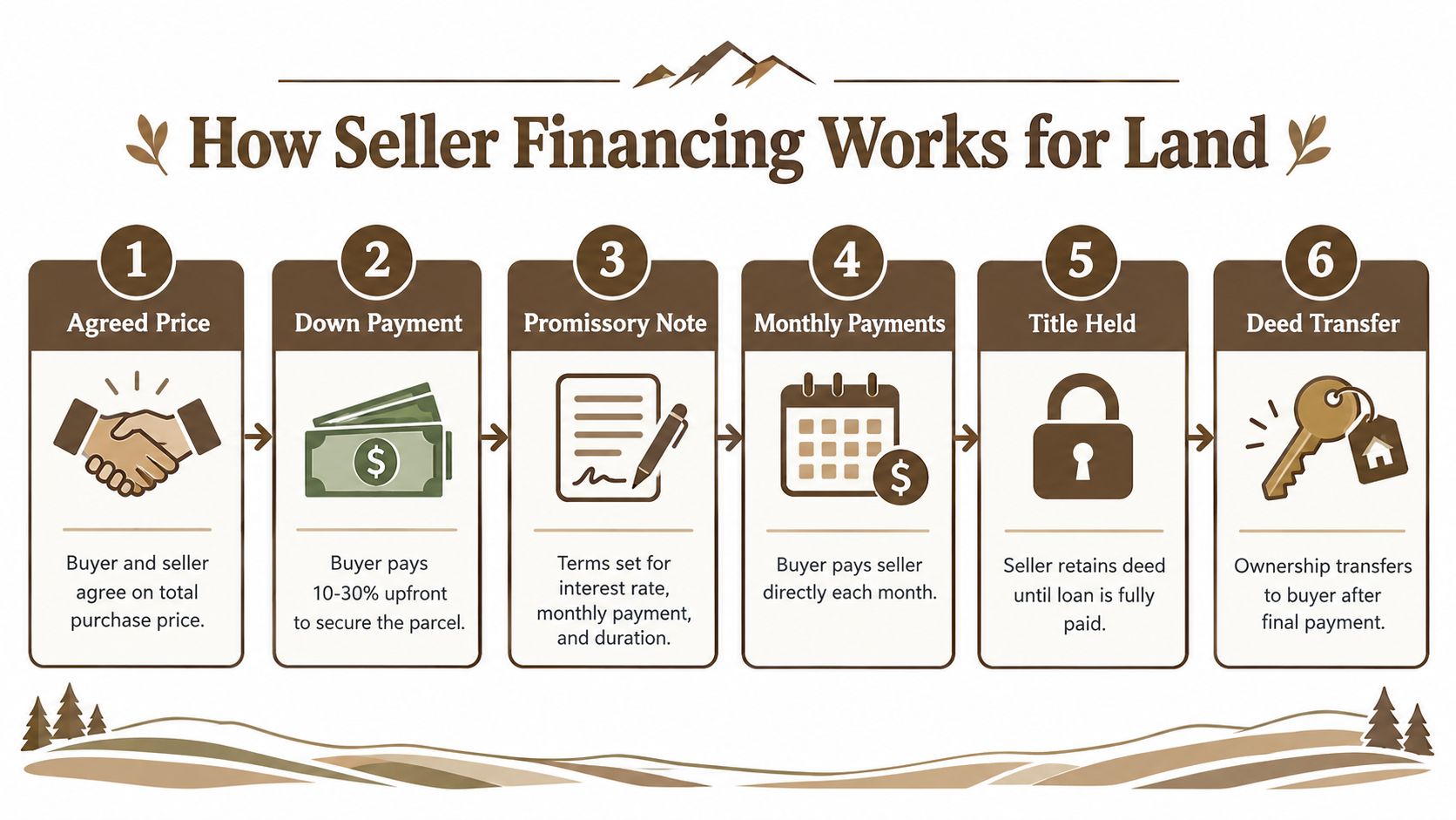 A six-step infographic explaining the process of seller financing for purchasing land with a brown theme.