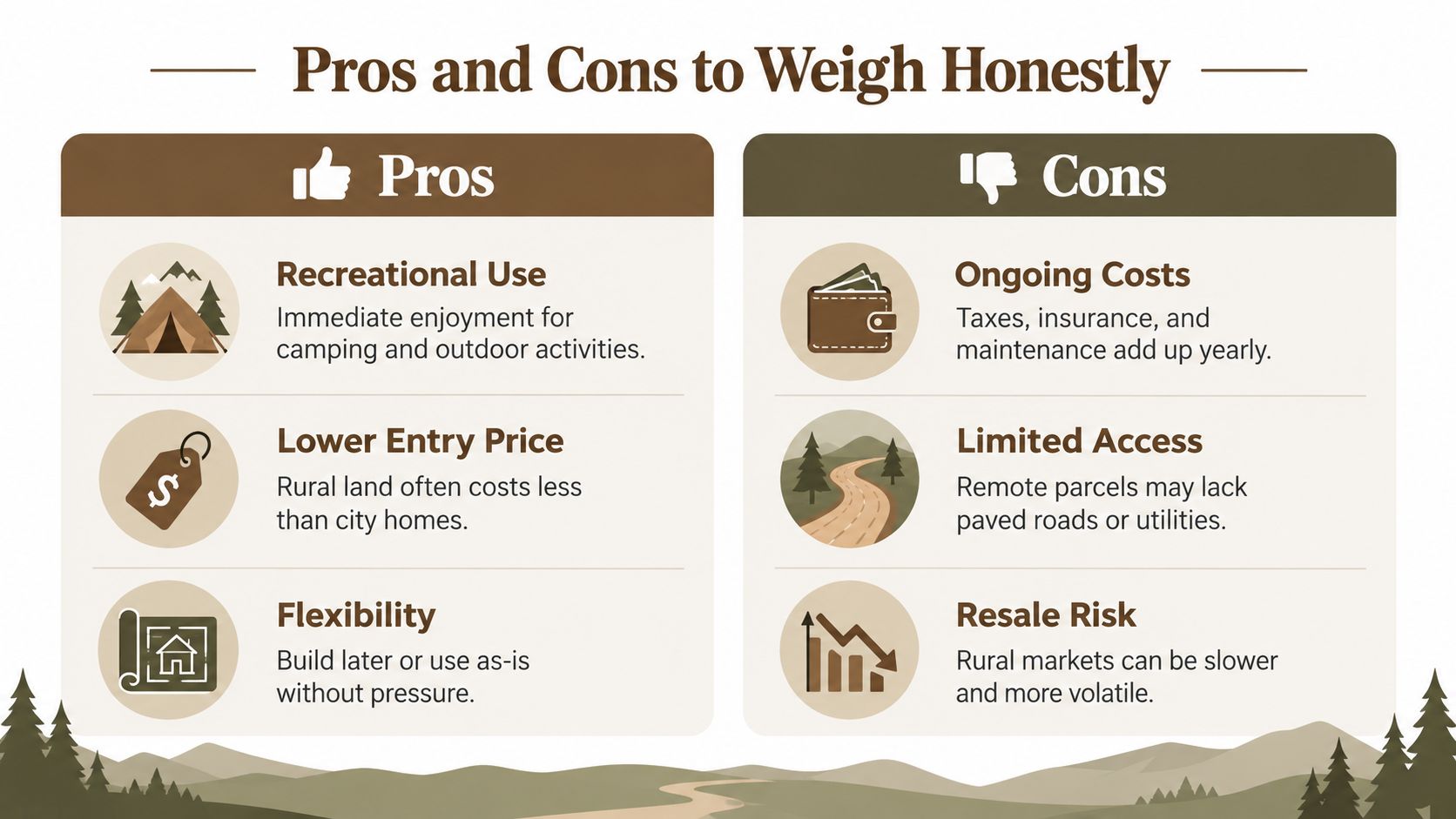 A pros and cons infographic about buying rural land, highlighting recreational use, costs, and investment risks.