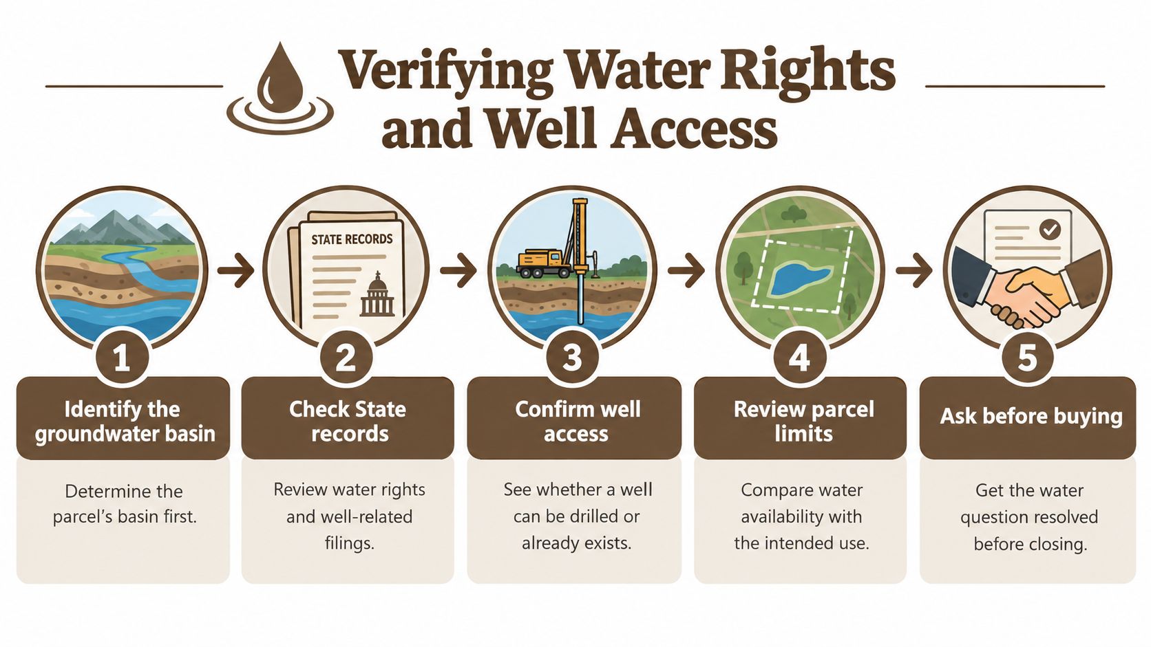 A five-step infographic showing the process for verifying water rights and well access on land parcels.