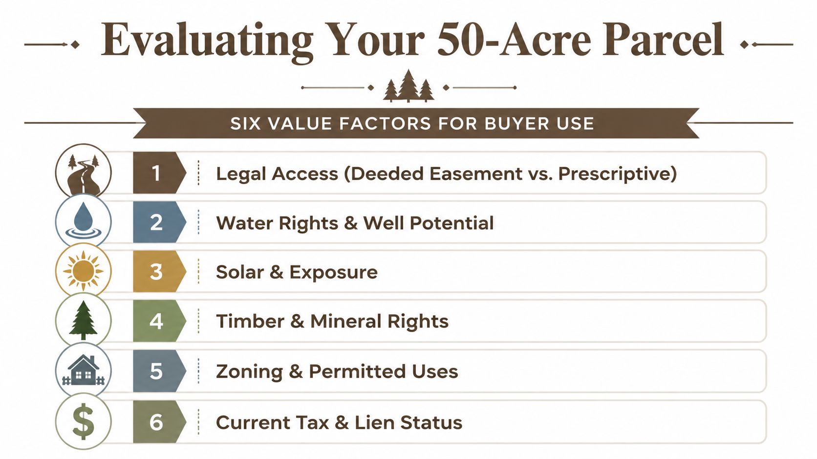 A diagram listing six essential factors to consider when evaluating a fifty-acre land parcel for purchase.