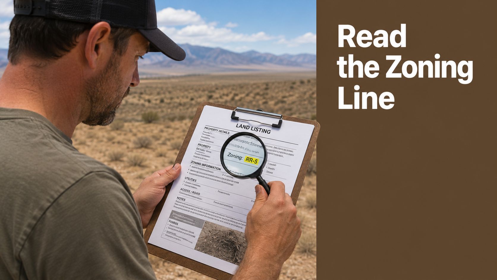 A man in a desert landscape holding a clipboard with a magnifying glass showing RR-5 zoning.