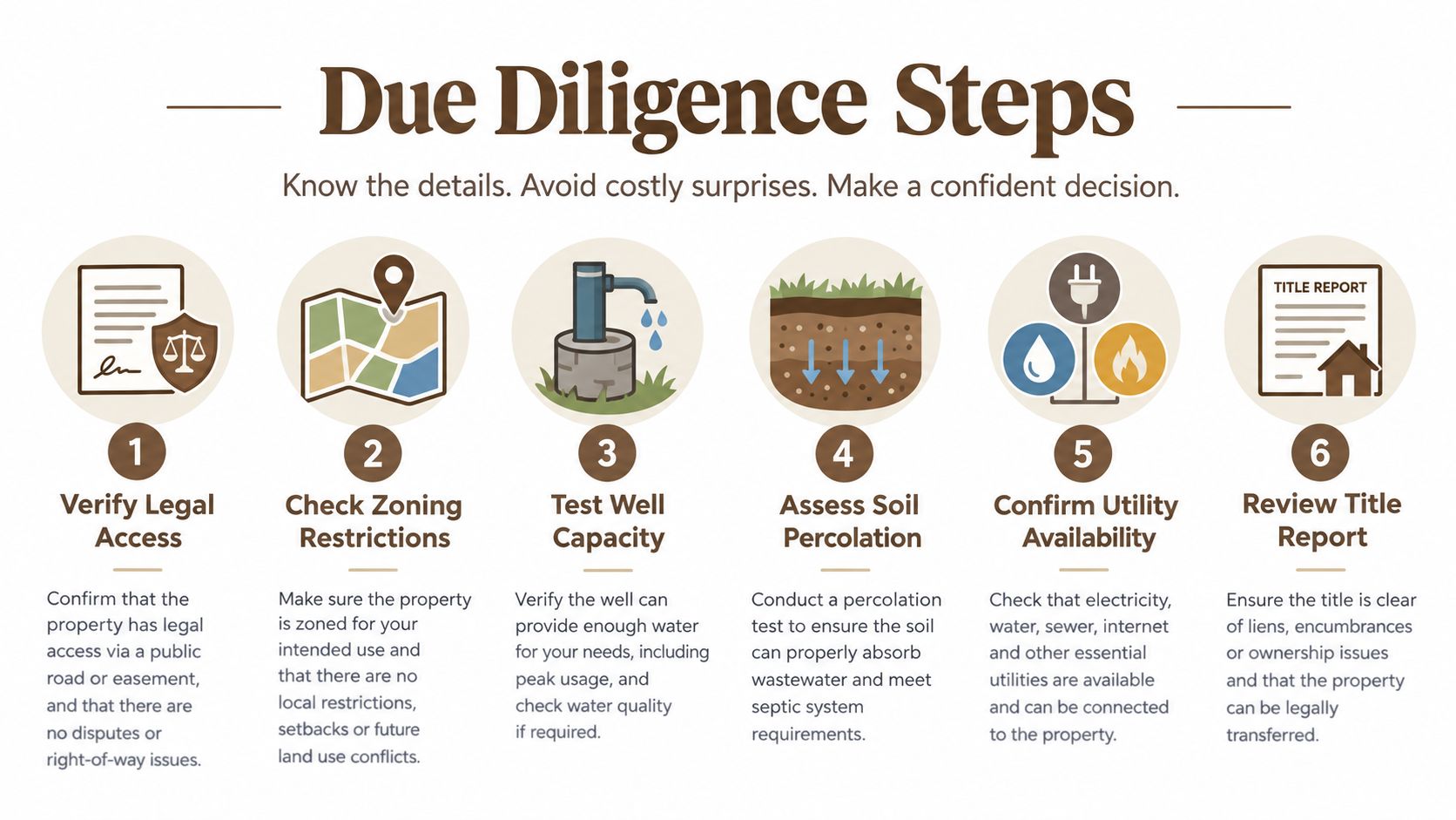 An infographic detailing six essential due diligence steps for land buyers to verify property viability and usage.