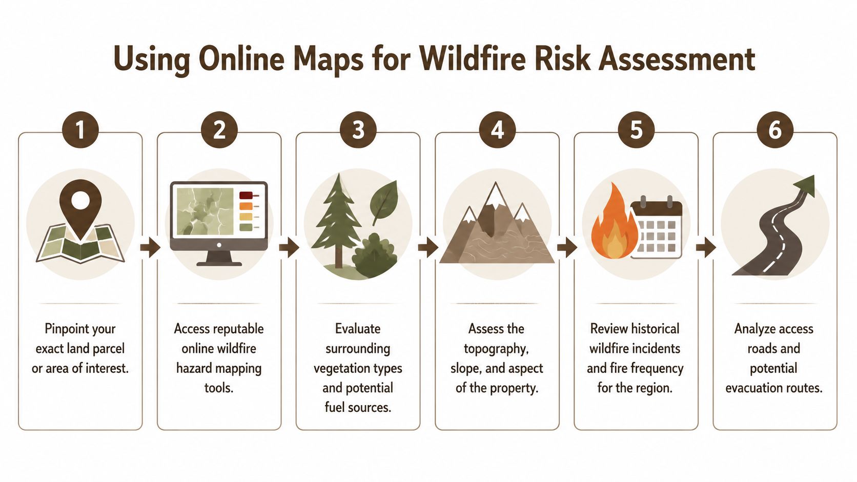 An infographic showing six numbered steps for performing a wildfire risk assessment using online mapping tools.