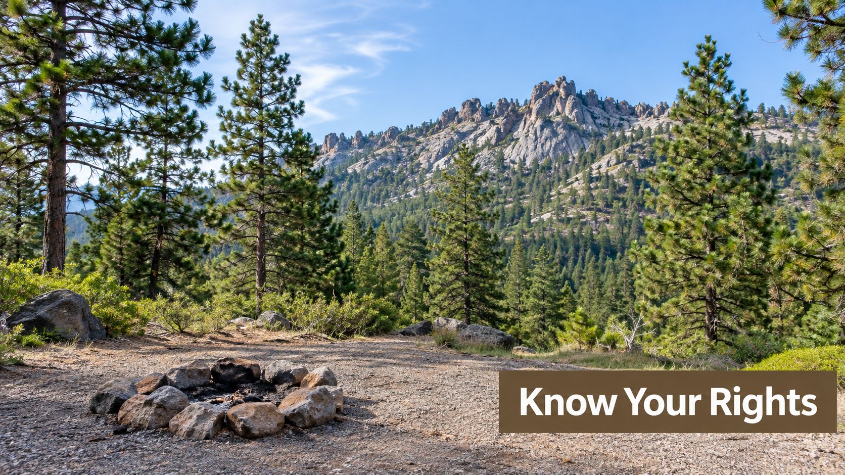 A scenic mountain campsite featuring a stone fire pit with pine trees and rocky peaks in background.