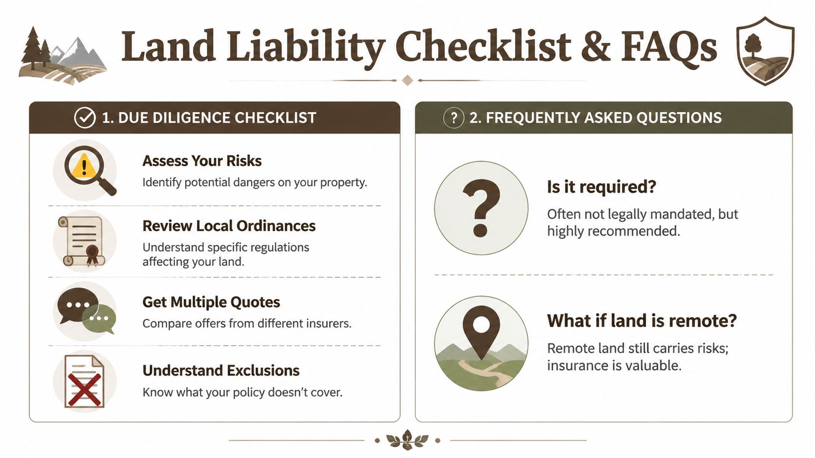 A land liability checklist and FAQs infographic outlining essential steps and common questions about land ownership insurance.