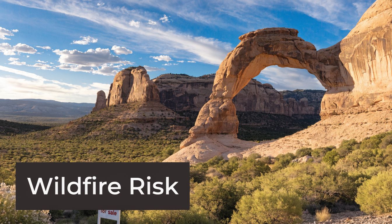 A scenic natural rock arch landscape under a bright sky with the overlay text Wildfire Risk.