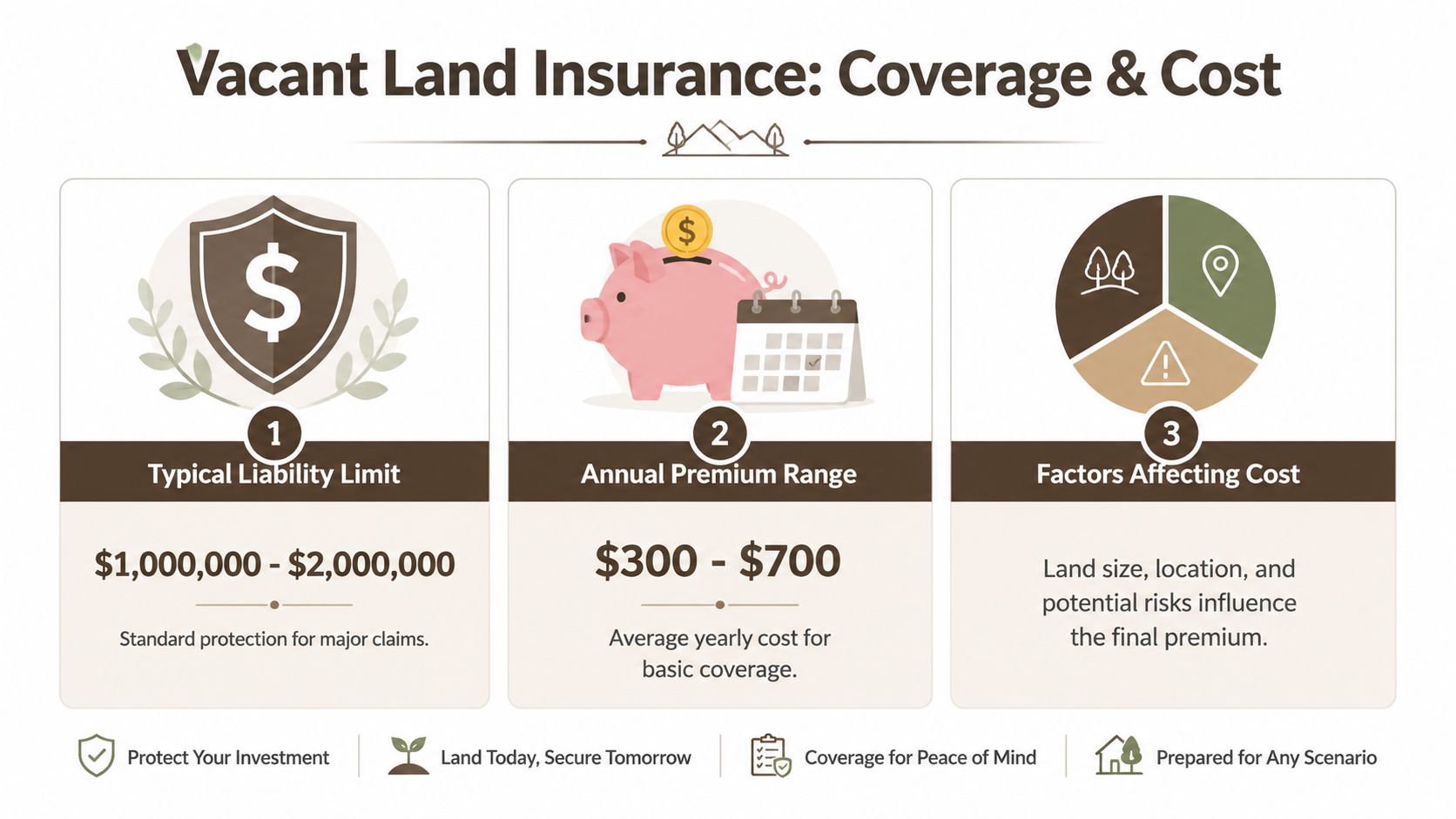 An infographic titled Vacant Land Insurance: Coverage & Cost displaying liability limits, premium ranges, and cost factors.