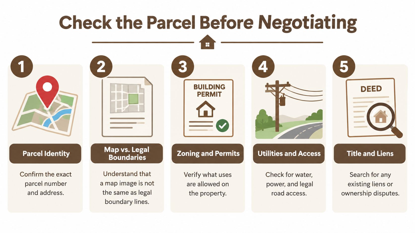 A five-step infographic showing how to check property parcel details before negotiating a real estate purchase.