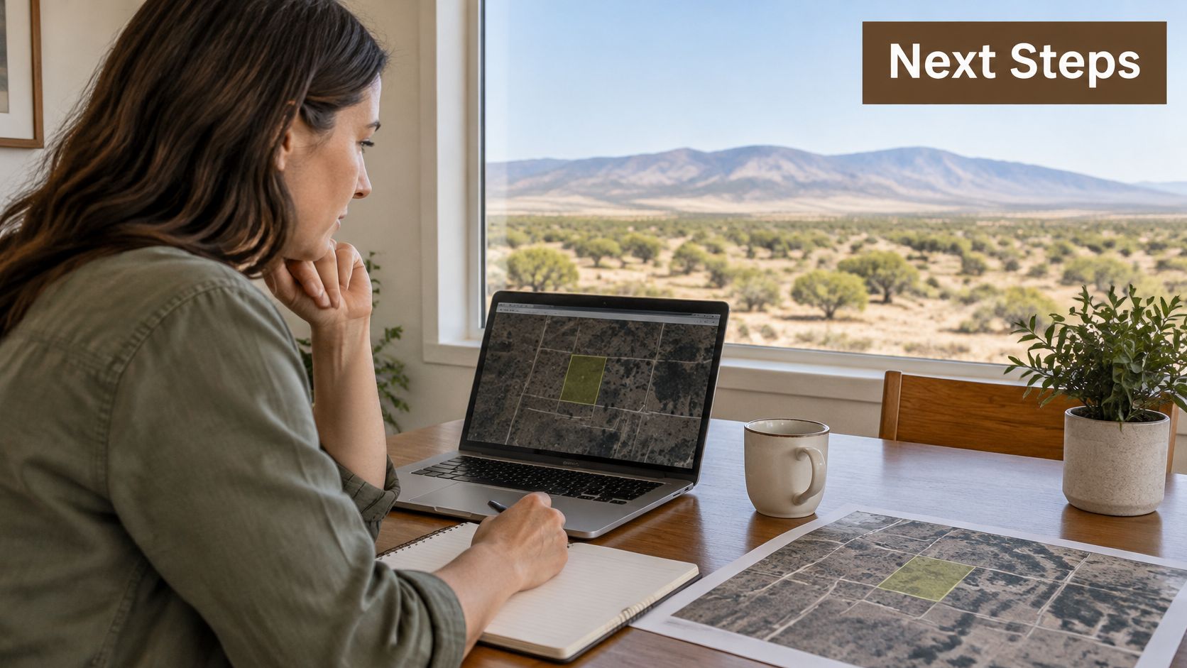 A woman looks at a laptop and physical map showing plots of vacant land for sale.