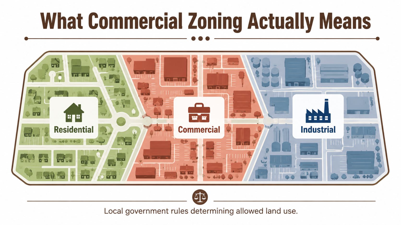 A map illustration showing urban planning with distinct zones for residential, commercial, and industrial land usage.