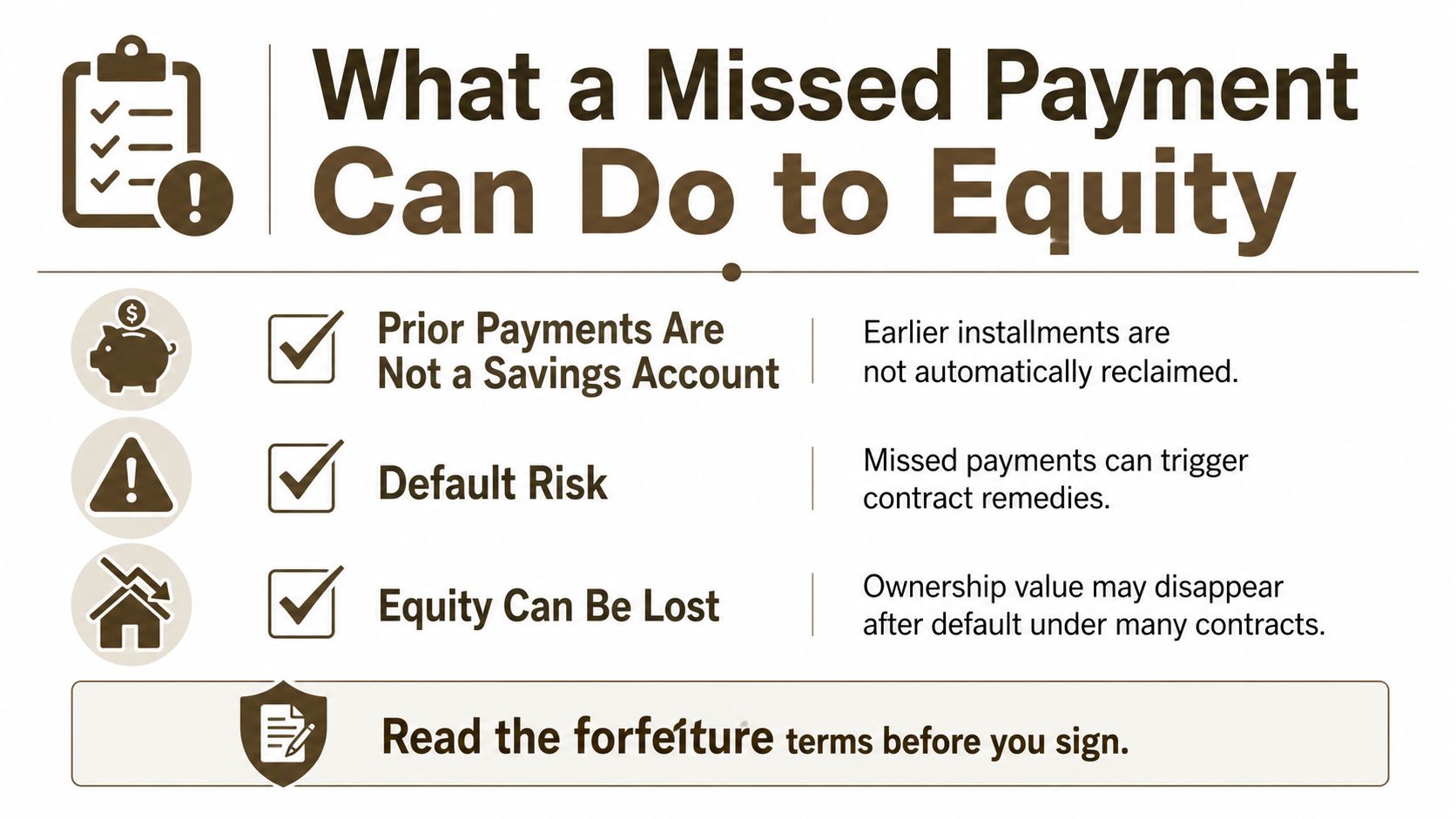 An infographic warning that missing payments in land contracts can lead to loss of equity and ownership.