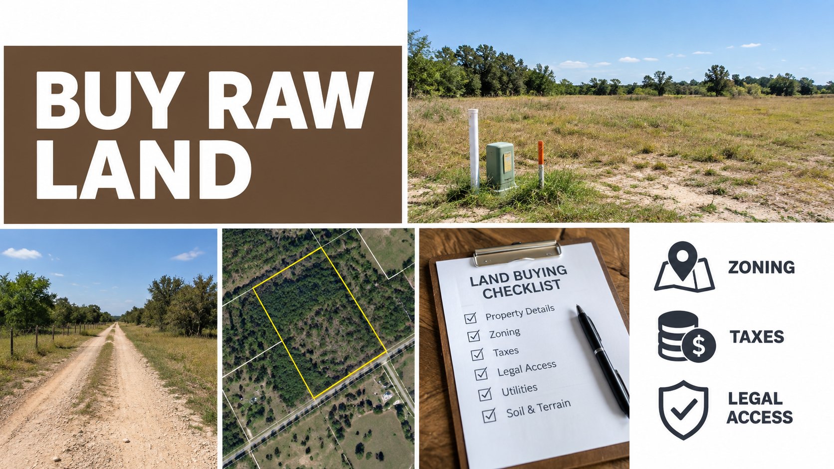 A practical visual for cheap raw land buying, showing a split scene with a vacant rural parcel, dirt road access, utilit