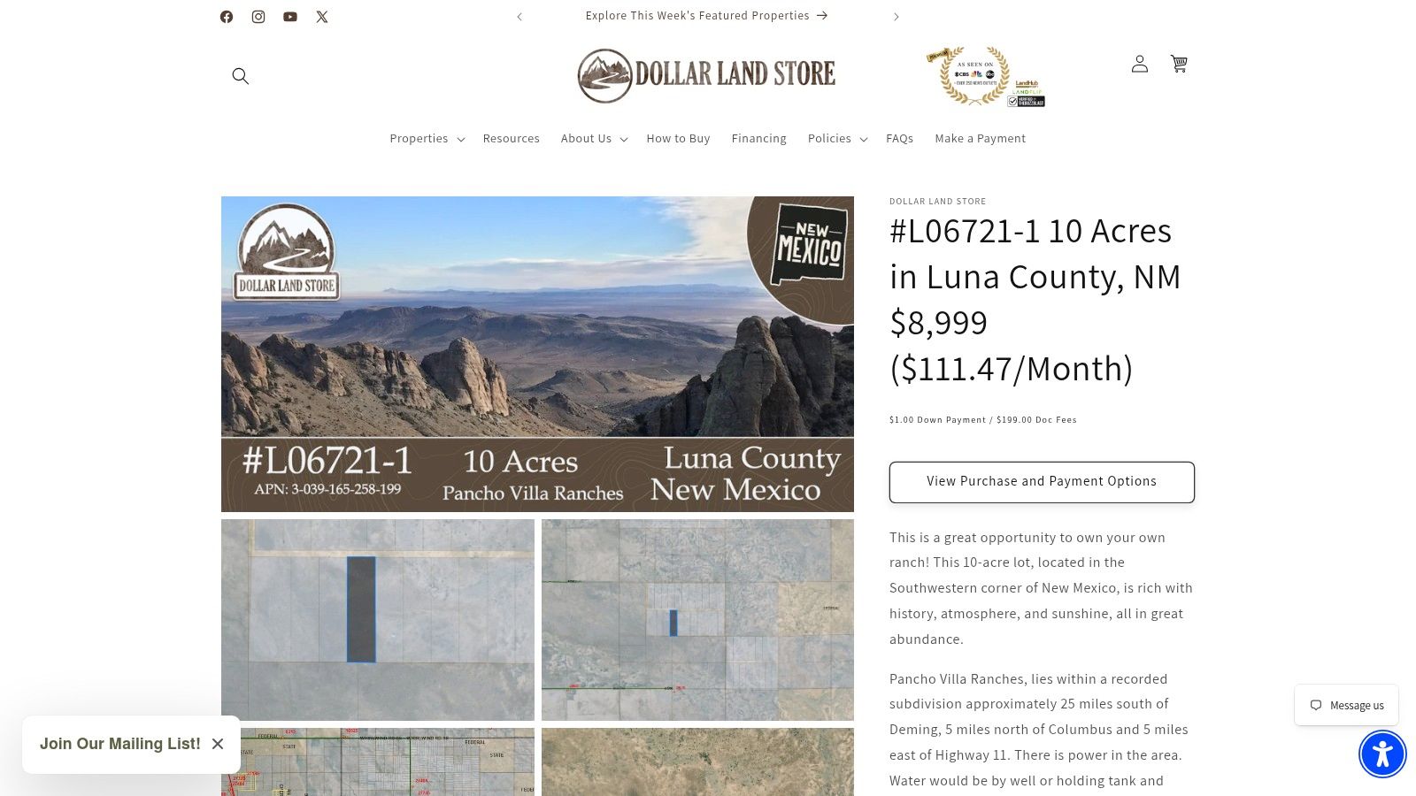 Screenshot from https://www.dollarlandstore.com/products/l06721-1-10-acres-in-luna-county-nm-8-999-106-24-month