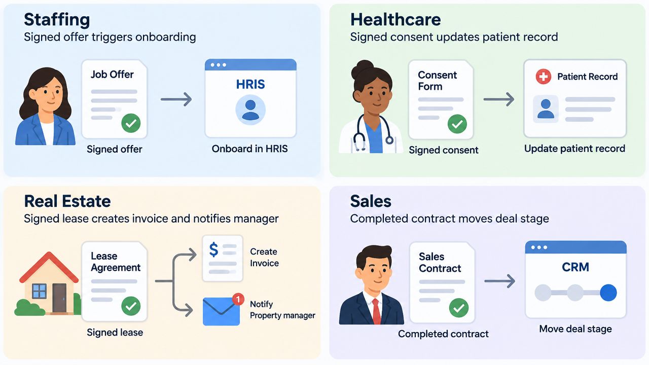 A diagram illustrating how e-sign platform webhooks automate workflows across staffing, healthcare, real estate, and sales industries.