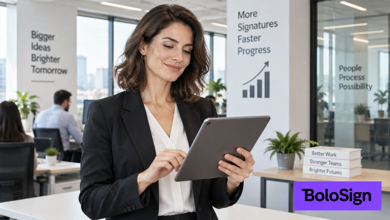 A professional woman uses a tablet in a modern office with motivational signage in the background.