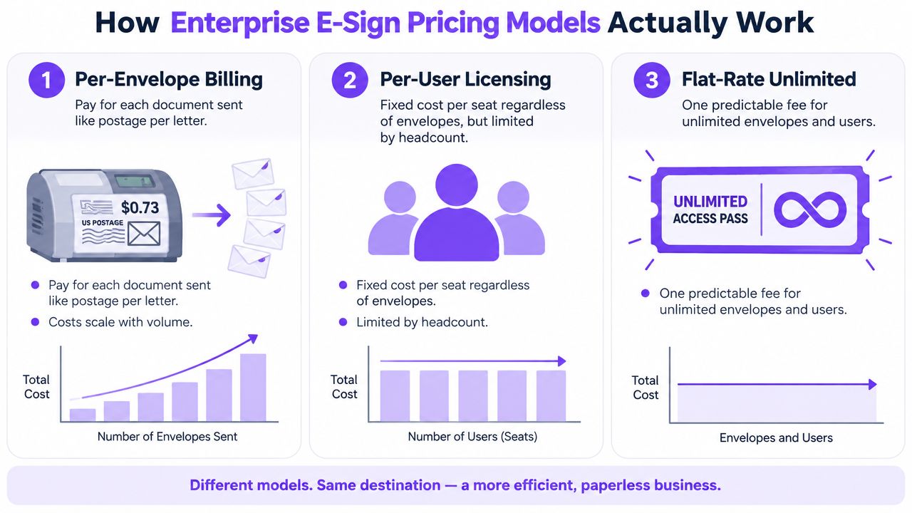 A visual breakdown comparing three enterprise e-sign pricing models: per-envelope, per-user, and flat-rate unlimited.