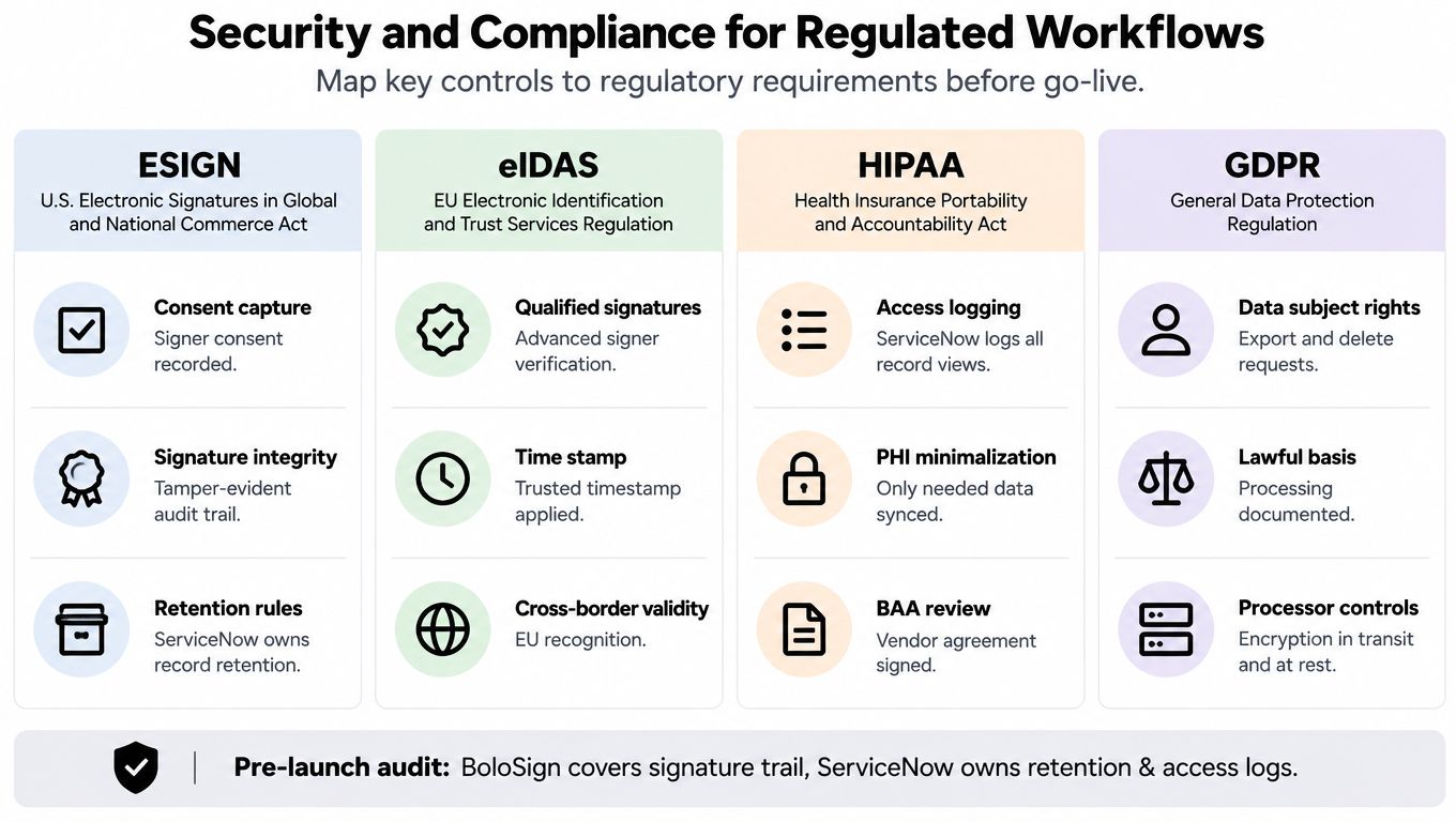 A chart detailing security and compliance regulations including ESIGN, eIDAS, HIPAA, and GDPR for regulated workflows.