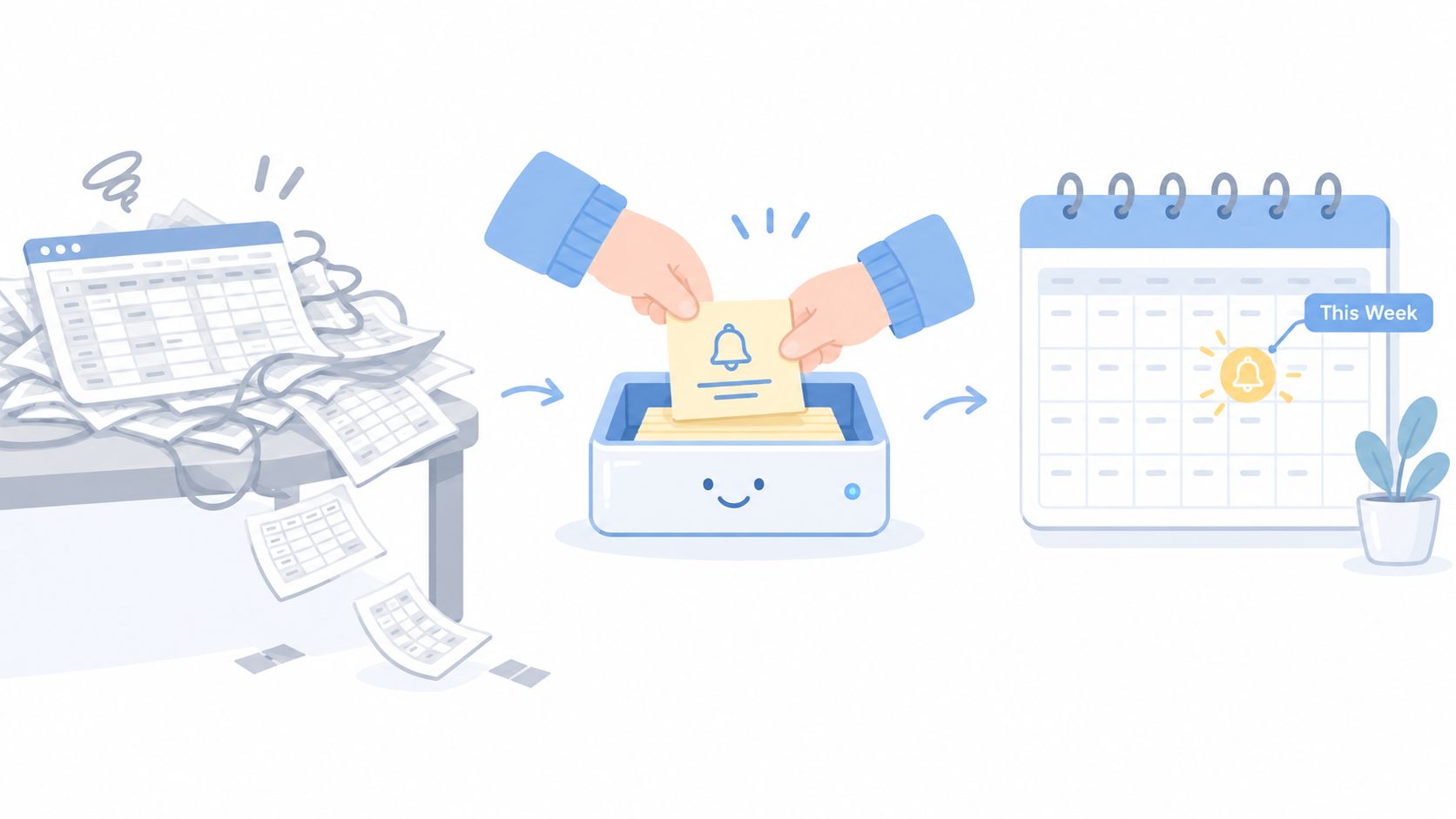 An illustration showing disorganized spreadsheets being processed into a notification system on a weekly calendar interface.